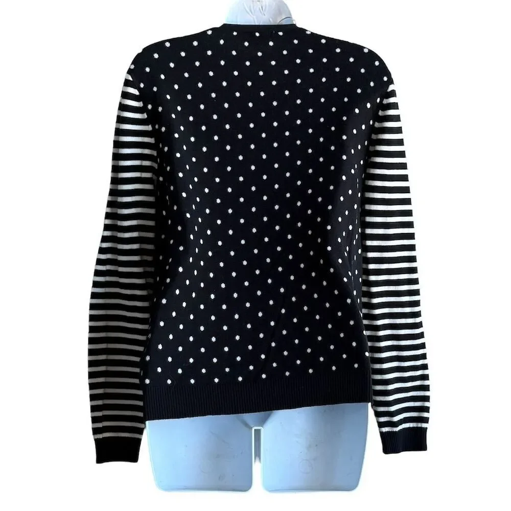 Vince Camuto Polka Dot Stripe Cardigan Sweater Women's M Black Preppy Academia
